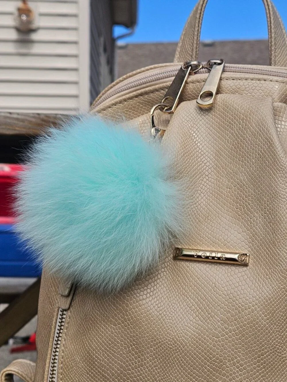 Mint Real Fox Fur Pompom Bag Charm, Real Fur Keychain, Backpack accessory